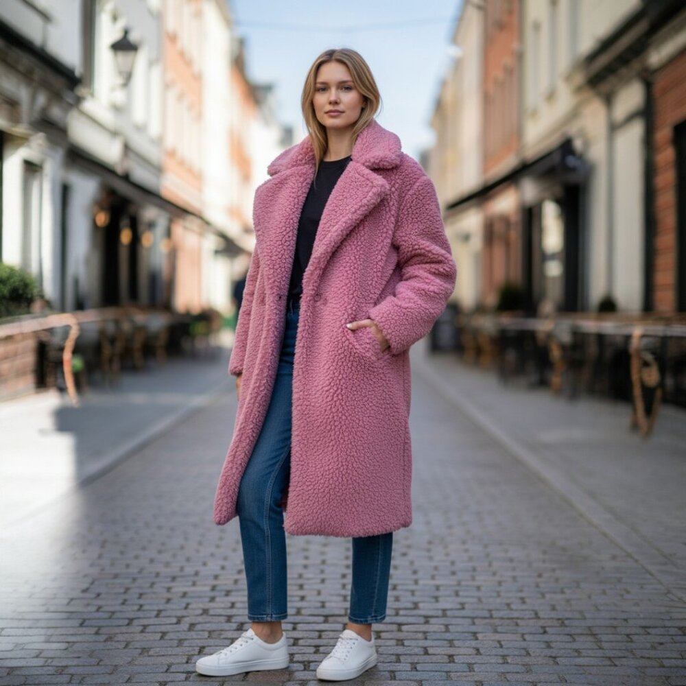 NWT Glamorous Long Pink Coat Teddy Faux Fur Size 4 Cozy Chic